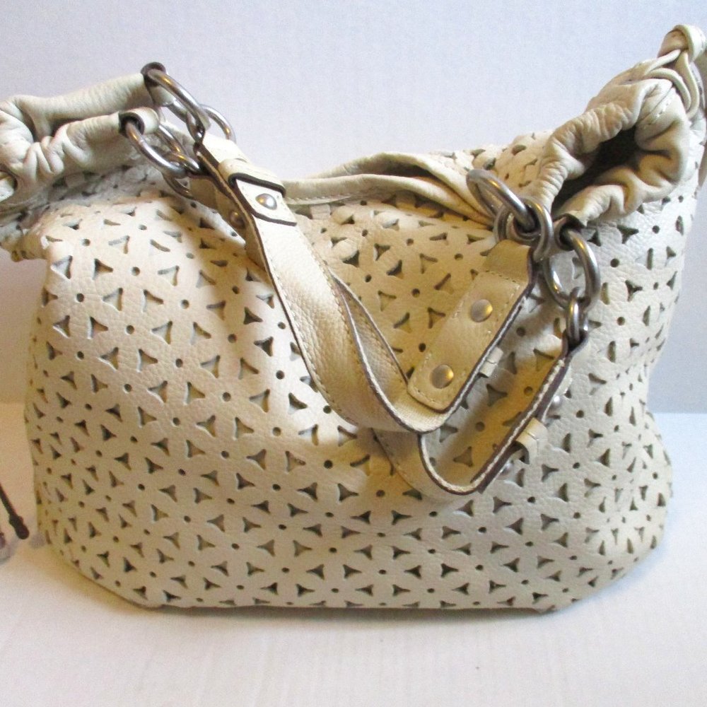 *FOSSIL Ivory Stenciled BOHO Tassel Accents Satchel Tote - Picture 1 of 9